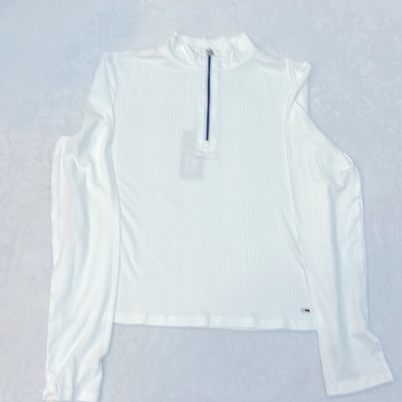 Tommy Jeans Women's Side-Striped Quarter-Zip Mock-Neck Top White/Blue Size M New - Picture 6 of 6